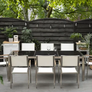 Trädgårdsset 8-sits GROSSETO tredubbel skiva Polerad Granit Svart/vit