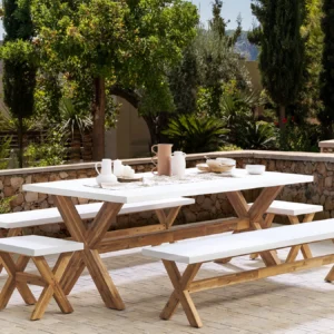 Trädgårdsset med bänkar och pallar 8-sitsigt OLBIA Betong Vit